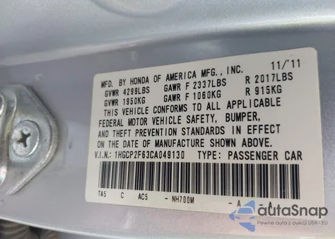 2012 Honda Accord 2.4 Se z USA, uszkodzony, nr VIN 1HGCP2F63CA049130